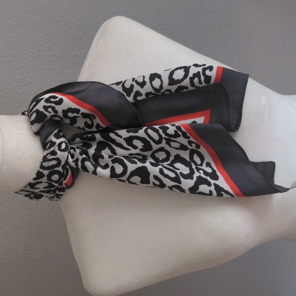 Animal Print Scarf with Border Navy And White With Red Accent
